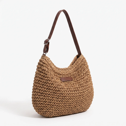 Straw Shoulder Bag, Boho Woven Crossbody Bag with Adjustable Strap, Straw Bag with Synthetic Leather Trim