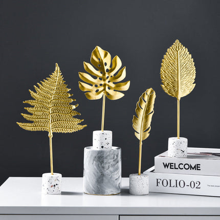 Golden Leaves Ornaments, Metal Leaf Sculpture with Terrazzo Base, Gold Leaf Decor, Home Decor and Desk Decor