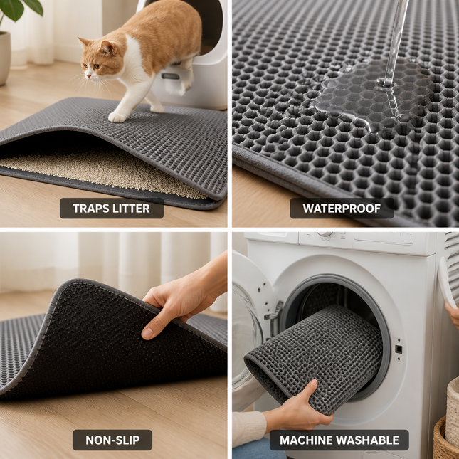 Cat Litter Mats, Double Layer Litter Box Mat with Waterproof Non Slip Design
