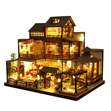DIY Dollhouse Kit with LED Lights, Large Dollhouse for Adults and Kids, Wooden Doll House, Miniature House Kit