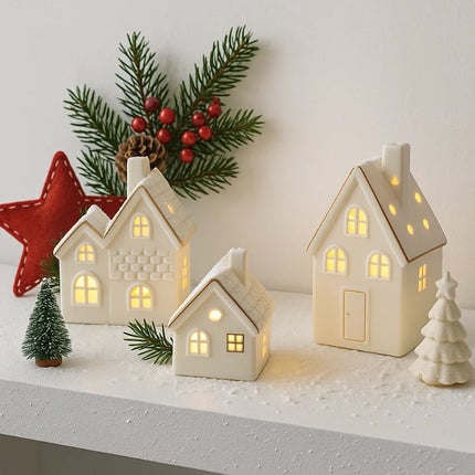 Ceramic Winter Village Decor Set with Ambient Glow | Handcrafted Holiday Centerpiece for Cozy Seasonal Atmosphere