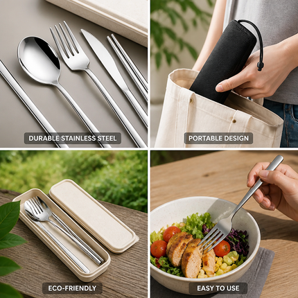 Portable Flatware Set, Reusable Stainless Steel Utensils for Travel