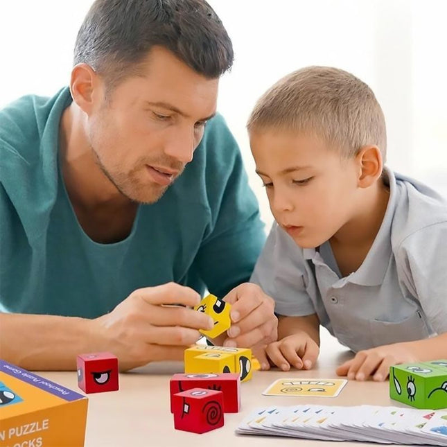 Wooden Puzzle Building Cubes, Block Puzzle with 64 Expression Cards