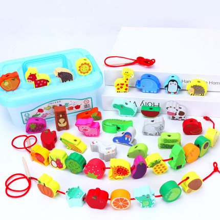 Stringing Beads for Toddlers, Wooden Lacing Beads with Animal and Fruit Shapes
