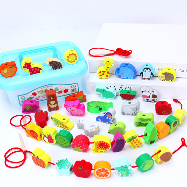 Stringing Beads for Toddlers, Wooden Lacing Beads with Animal and Fruit Shapes