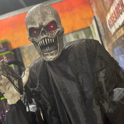 Halloween Animatronics Pop Up Grim Reaper, Animated Skeleton with LED Eyes and Sound, Scary Halloween Decorations