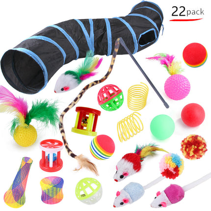 Ultimate Cat Toy Set with Tunnel and Feather Wand | 22-Piece Polyester Toy Pack for Endless Fun and Stimulation