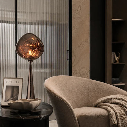 Sculptural Postmodern Floor Lamp with Reflective Smoked Acrylic Globe | Ambient Warm White Light for Modern Spaces