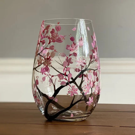 Hand Painted Wine Glasses, Stemless Wine Glasses and Stemmed Wine Glass with Four Seasons Tree Art – image 10