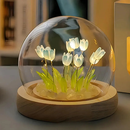 Tulip Light Under Glass Dome with 10 Warm White LEDs | Elegant Home Decor for Ambiance and Meaningful Gifting