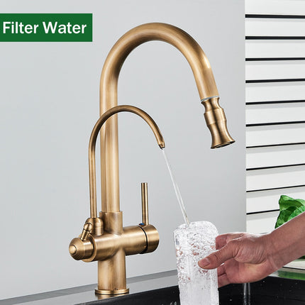 Antique Brass Kitchen Faucet with Sprayer, Water Filter Tap 2 in 1