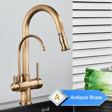 Antique Brass Kitchen Faucet with Sprayer, Pull Out Kitchen Sink Faucet with Two Handles