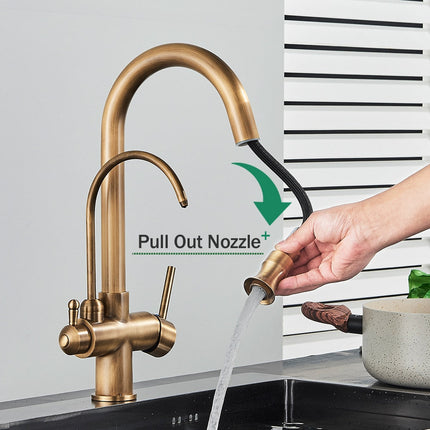 Antique Brass Kitchen Faucet with Sprayer, Water Filter Tap 2 in 1 – image 4