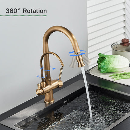 Antique Brass Kitchen Faucet with Sprayer, Pull Out Kitchen Sink Faucet with Two Handles – image 5