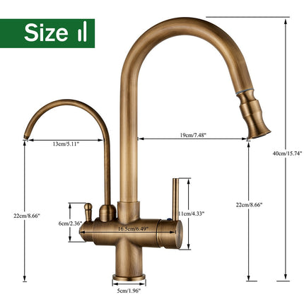 Antique Brass Kitchen Faucet with Sprayer, Pull Out Kitchen Sink Faucet with Two Handles – image 7