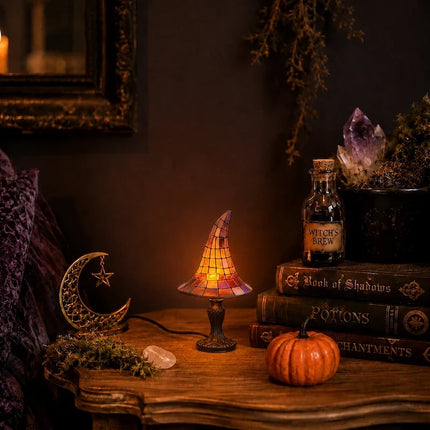 Witch Hat Table Lamp with Mosaic Panels for Enchanting Home Decor | Warm Glow for Bedrooms and Seasonal Displays