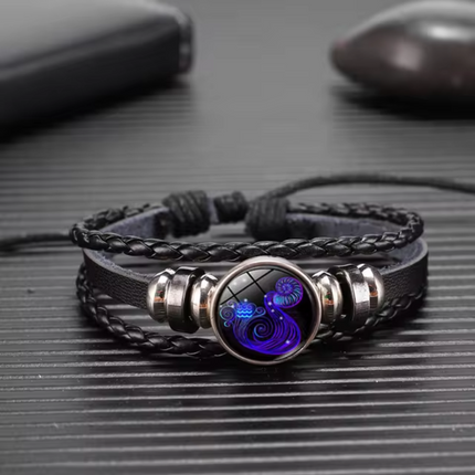 Zodiac Leather Bracelet with Adjustable Chain, Wax Cord Bracelet