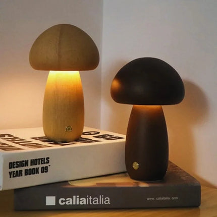 Wooden Table Lamp with Dimmable Cordless Design | Elegant Mushroom Shape for Warm Ambiance