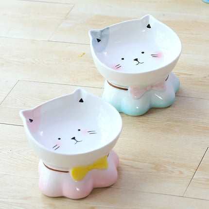 Lucky Cat Ceramic Cat Bowl with Raised Edges | Eco-Friendly Design for Healthy Eating Posture