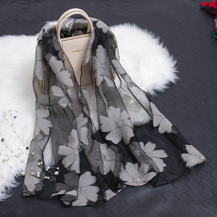 Scarves for Women, Floral Organza Scarf with Hollow Cut Flowers, Long Lightweight Womens Scarf