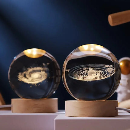 Luminous Crystal Ball with 3D Engraved Planets | Magical Night Light for Cozy Home Decor