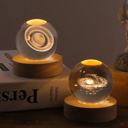 Luminous Crystal Ball with 3D Engraved Planets | Magical Night Light for Cozy Home Decor