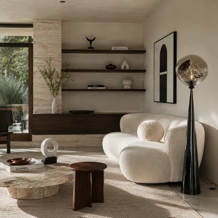 Sculptural Postmodern Floor Lamp with Reflective Smoked Acrylic Globe | Ambient Warm White Light for Modern Spaces