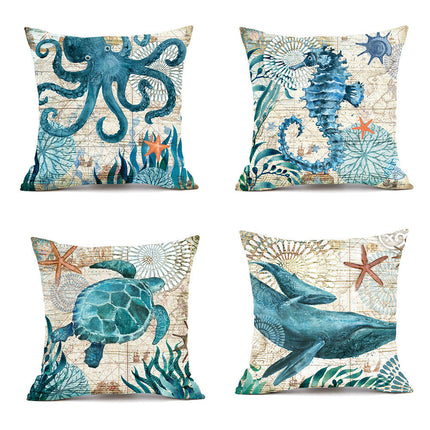 Marine Life Printed Cushion Cover with Invisible Zipper | Flax Material for Elegant Home Decor