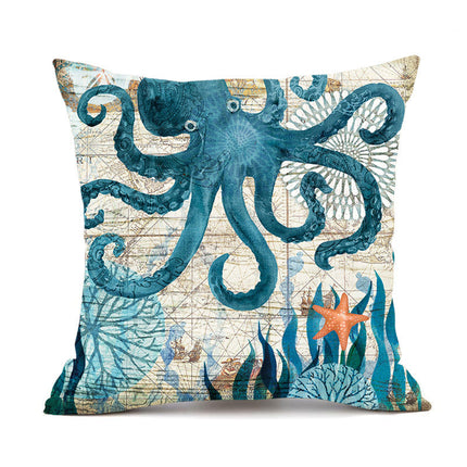 Marine Life Printed Cushion Cover with Invisible Zipper | Flax Material for Elegant Home Decor