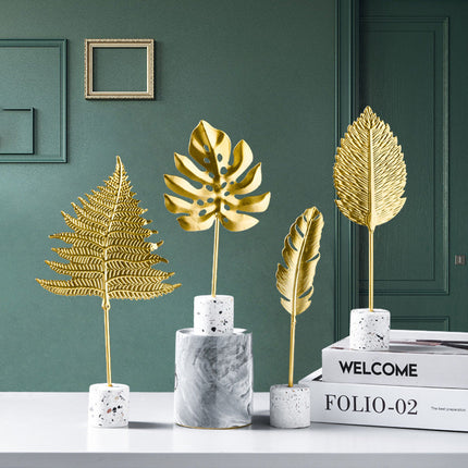 Golden Leaves Ornaments, Metal Leaf Sculpture with Terrazzo Base