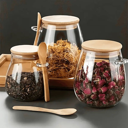 Glass Jar with Bamboo Lid and Spoon, Airtight Container for Coffee and Tea