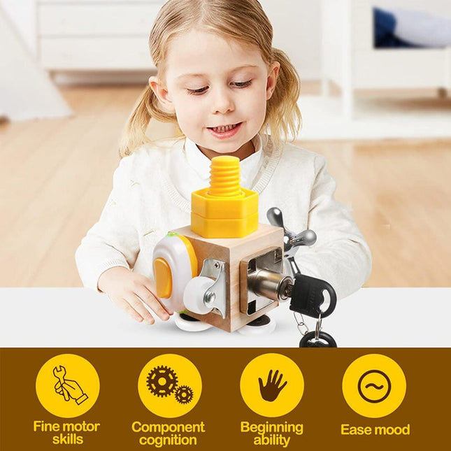 Montessori Busy Board, Wooden Activity Cube