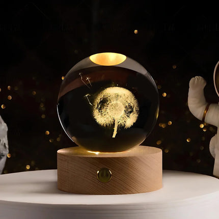 Luminous Crystal Ball with 3D Engraved Planets | Magical Night Light for Cozy Home Decor