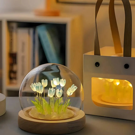 Tulip Light Under Glass Dome with 10 Warm White LEDs | Elegant Home Decor for Ambiance and Meaningful Gifting