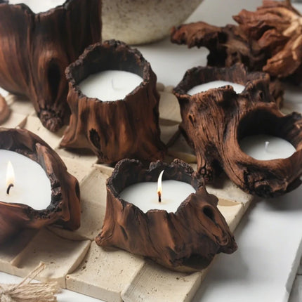 Cement Candle Cradle with Rustic Tree Hollow Design | Customizable Wax Vessel for Cozy Home Ambiance