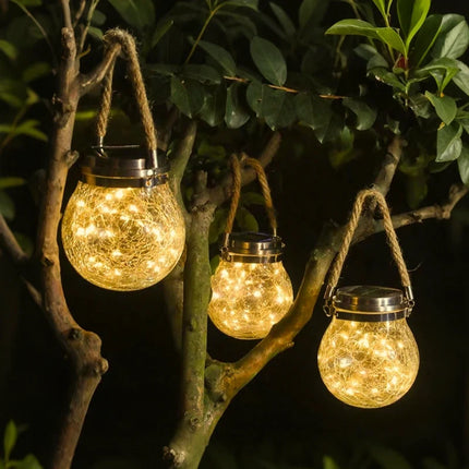 Solar-Powered Lantern with Dusk Sensor & Jute Rope Handle | Weather-Resistant Outdoor Lighting for Cozy Evenings