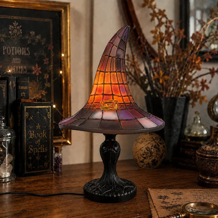 Witch Hat Table Lamp with Mosaic Panels for Enchanting Home Decor | Warm Glow for Bedrooms and Seasonal Displays