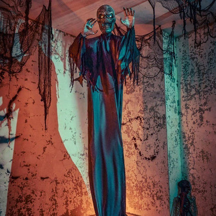 Halloween Animatronics Pop Up Grim Reaper, Animated Skeleton with LED Eyes and Sound