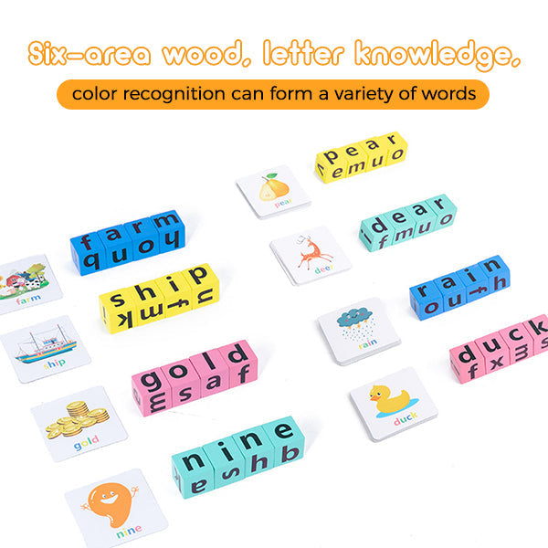 Wooden Alphabet Blocks, Word Puzzle Game with Picture Cards
