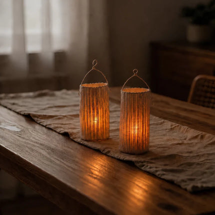 Battery Operated Lanterns, Flameless Candle Lantern with Woven Ramie Shade, Decorative Hanging Lantern for Shelf Decor