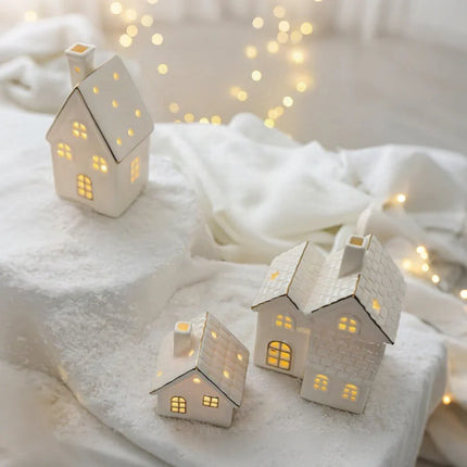 Ceramic Winter Village Decor Set with Ambient Glow | Handcrafted Holiday Centerpiece for Cozy Seasonal Atmosphere