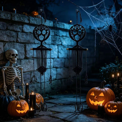Macrame Wall Hanging Skeleton 2 Piece Set, Black and White Wall Hanging for Halloween Door Decor