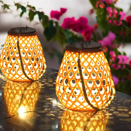 Solar-Powered Woven Lantern with Automatic Dusk Sensor | Elegant Lighting for Indoor and Outdoor Ambiance
