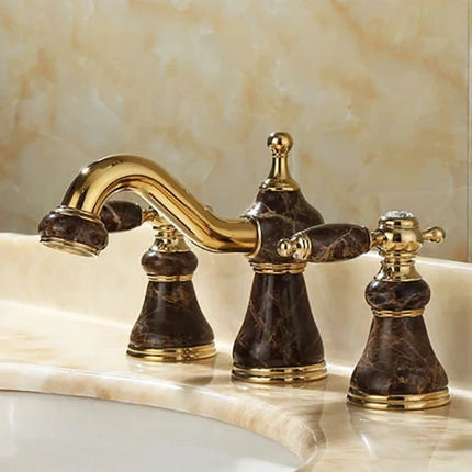 Widespread Bathroom Faucet, Gold Brass Bathroom Faucet with Jade Design – image 11