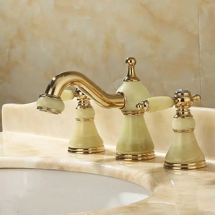 Widespread Bathroom Faucet, 3 Hole Bathroom Sink Faucet with Two Handles, Gold Brass Bathroom Faucet with Jade Design