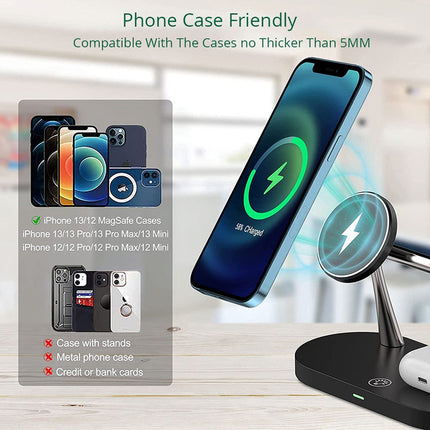 3-in-1 Wireless Charger Station with MagSafe Compatibility | Versatile Charging for Phones, Smartwatches & Earbuds 3