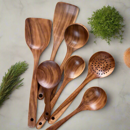 Teak Wood Kitchen Utensil Set, Wooden Cooking Utensils for Non Stick Cookware