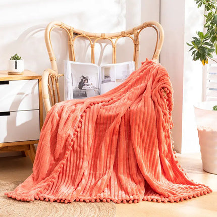 Flannel Throw Blanket with Pom Fringe, Soft Blanket for Couch, Striped Cozy Blanket for Bed and Sofa