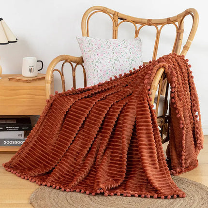 Flannel Throw Blanket with Pom Fringe, Soft Blanket for Couch