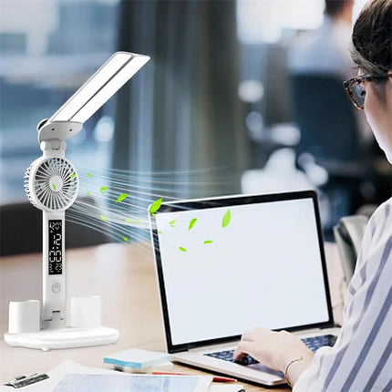 Portable LED Desk Lamp with Fan & Pen Holder | Adjustable Lighting for Organized Workspaces